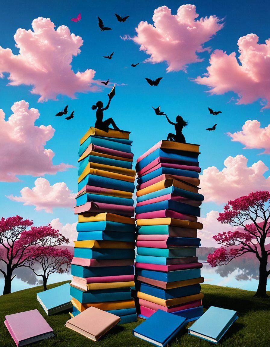 A whimsical and surreal landscape where vibrant colors blend seamlessly, featuring dreamlike elements like floating books, colorful abstract shapes representing creativity, and silhouettes of individuals engaged in imaginative play. Include hints of adult themes tastefully integrated, such as soft shadows and suggestive forms within the scenery. Emphasize a sense of exploration and freedom in a fantasy world. surreal art. vibrant colors. 3D elements.